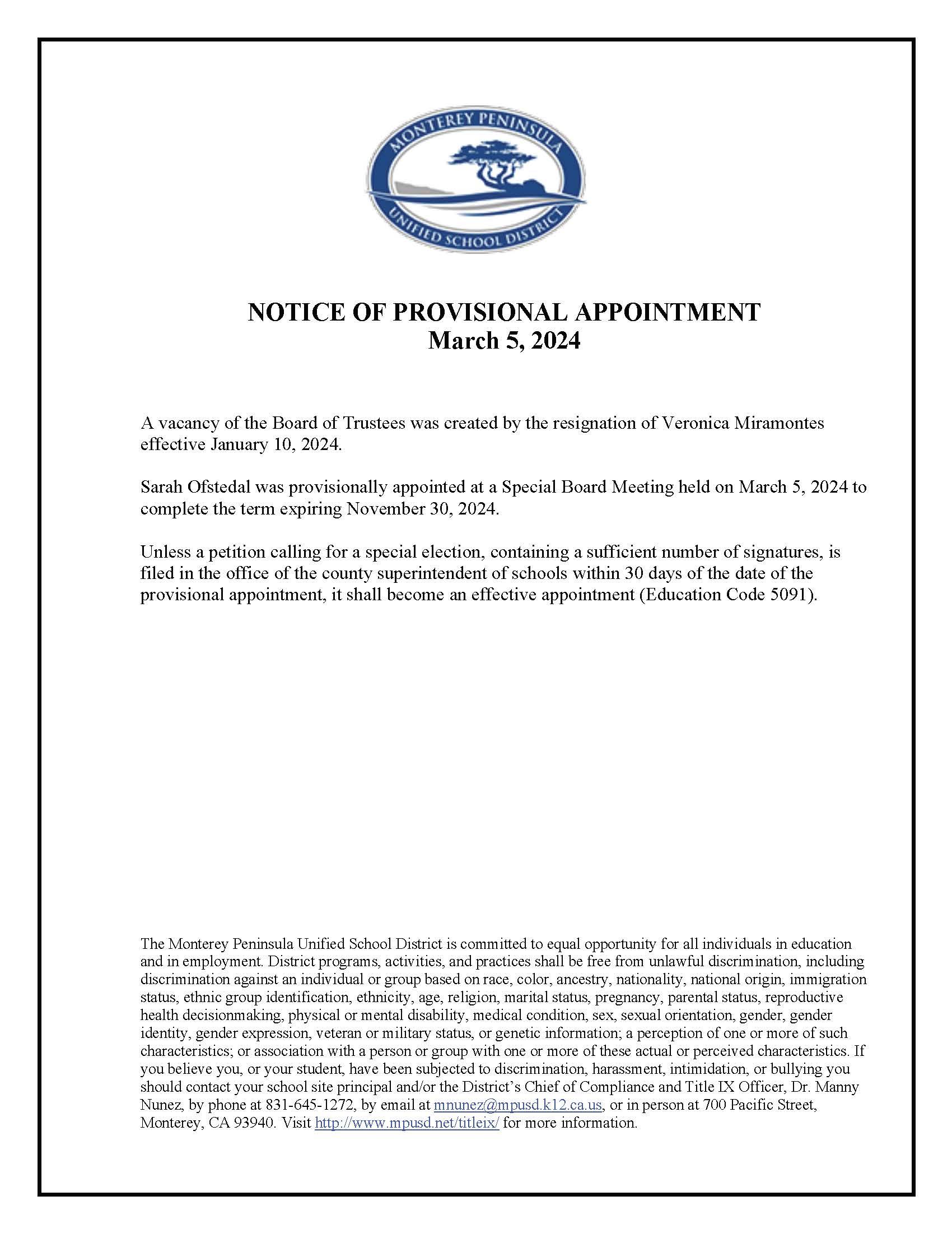 English Notice of Provisional Appointment